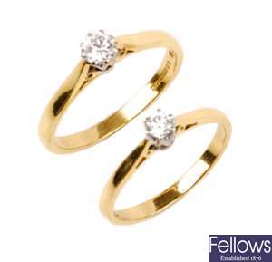 Two 18ct gold single stone diamond rings, each to