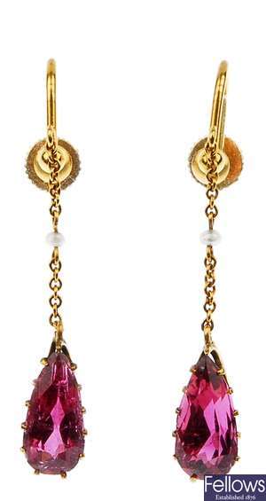 A pair of pink tourmaline dropper earrings, each