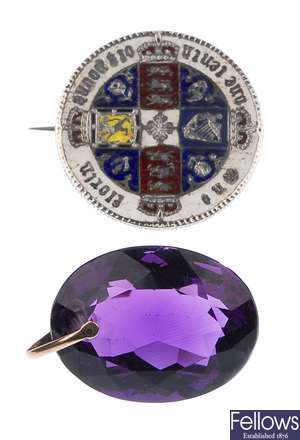 Three items, to include an oval amethyst pendant,
