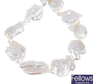 A large baroque cultured pearl necklace with a bi