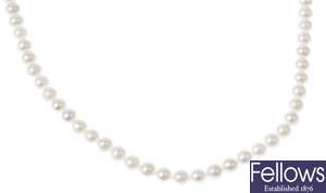A uniform cultured pearl necklace, with a 9ct