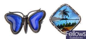 Nine assorted brooches set with butterfly wing