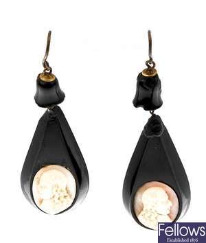 Two pairs of jet pendant earrings, to include a