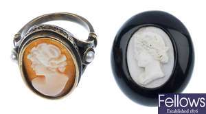 Six shell cameo brooches, a shell cameo ring, a