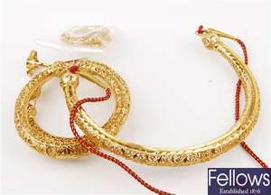 (303084662) two assorted bangles, 22ct hoop earrings, 22ct fancy necklace, 22ct emblem ring