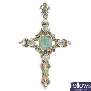 An early 20th century Swiss emerald and pearl cross pendant.