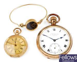A gold plated open face, top wind pocket watch