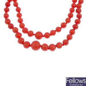 Two coral necklets and a bracelet.