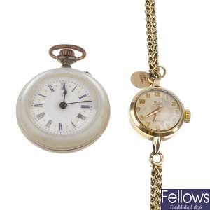 Mother-of-pearl fob watch and 9ct gold lady's wristwatch.