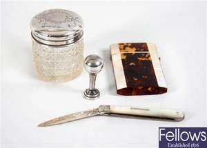 A mixed selection of items to include a desk seal, silver and tortoiseshell glass dressing table jar