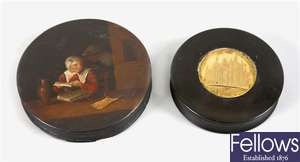 A 19th century circular patch box and a similar example