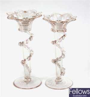 Two Victorian trumpet shaped specimen vases and a large glass ornament