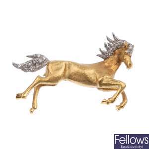18ct gold diamond set horse brooch.
