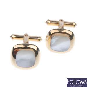 A pair of 9ct gold, mother of pearl set cufflinks.