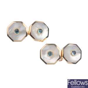 9ct gold mother of pearl and sapphire set cufflinks.