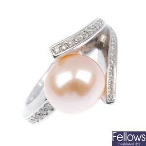 18ct white gold cultured pearl and diamond ring.