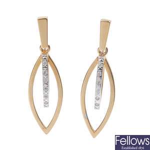 18ct gold diamond set earrings and a cultured pearl pendant.