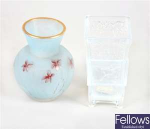A Daum Nancy frosted blue glass vase and a opalescent pressed glass spill holder