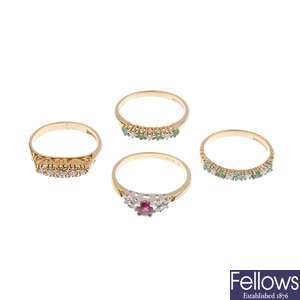 Four 9ct gold diamond and gem set rings.