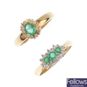 Two 18ct gold emerald and diamond cluster rings.