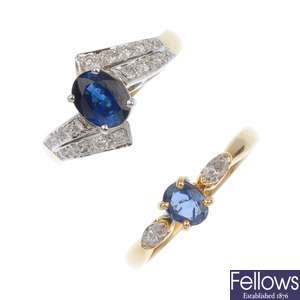 Two 18ct gold sapphire and diamond cluster rings.