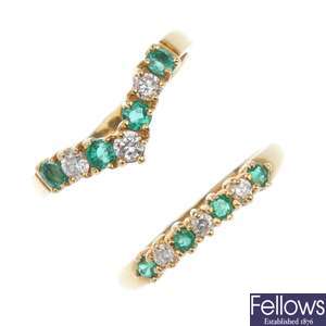 Two 18ct gold emerald and diamond rings.