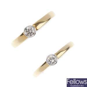 Two 18ct gold single stone diamond rings.