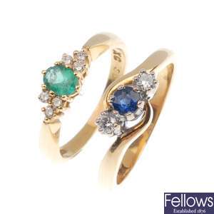 Two 18ct gold diamond and gem set rings.