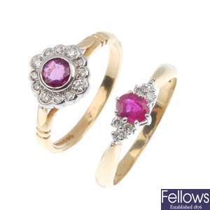 Two 18ct gold ruby and diamond rings.