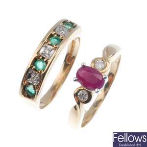 Four 9ct gold diamond and gem set rings.