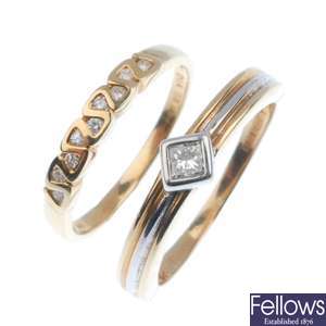 Five 9ct gold diamond and stone set rings.