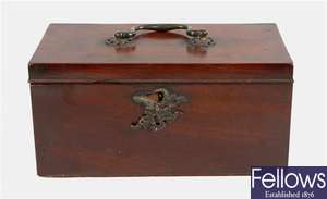 A 19th century mahogany tea caddy, a Victorian jewellery box and Victorian writing slope