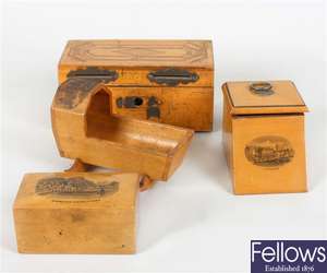 A late 19th century Mauchline ware inkwell and other Mauchline ware