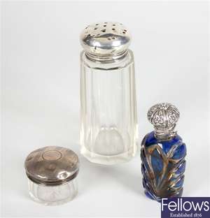 A Victorian blue and clear glass scent bottle and five other scent bottles