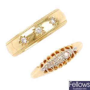 An 18ct gold diamond band ring and a diamond ring.