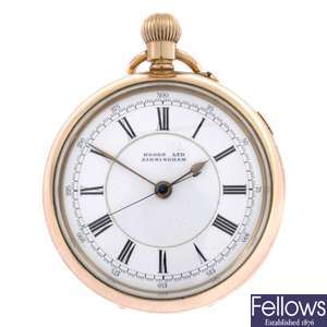 A rolled gold open face pocket watch with stop function.