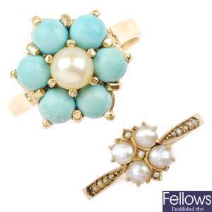 A 9ct gold reconstituted turquoise and cultured pearl ring together with a seed pearl ring.