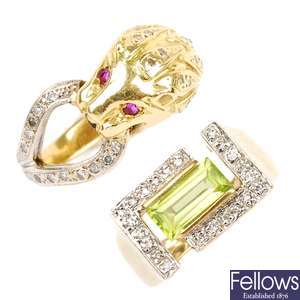 A 9ct gold peridot and diamond ring and another ring.