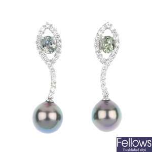 A pair of 18ct gold cultured pearl, diamond and green sapphire ear pendants.