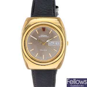 A gold plated quartz gentleman's Omega Megaquartz 32 KHz Geneve wrist watch.