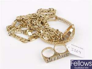 (307079388) 9ct clasp bangle, two assorted necklets, two assorted rings
