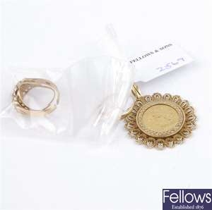 (307073126)  9ct item of jewellery, ring mounted coin, 9ct keeper ring