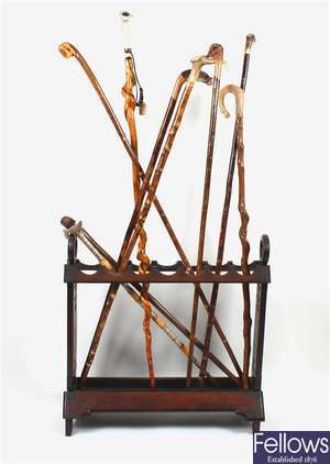 A late 19th century mahogany stick stand and a selection of walking sticks
