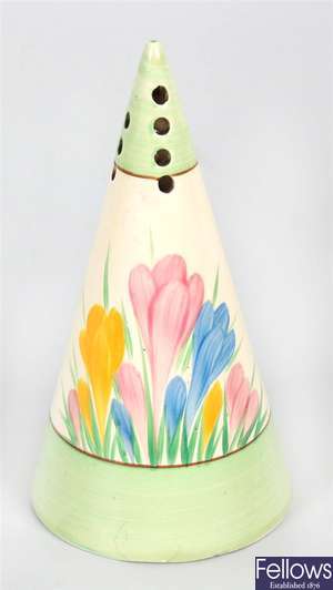 A Newport pottery Clarice Cliff conical shaped sugar sifter