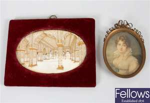 An oval painted portrait miniature and a late 19th century painted ivory oval panel