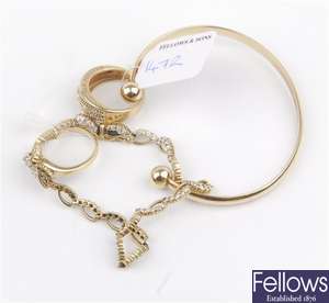 (413011613)  torque bangle, 9ct gem set bracelet, two assorted rings