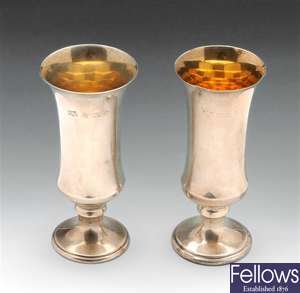 Pair of modern silver Sherry cups.