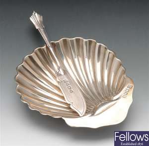 Edwardian silver shell butter dish and Victorian silver butter knife