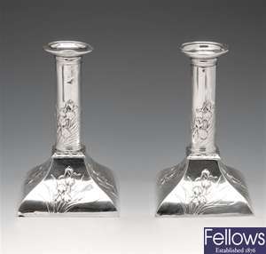 Matched pair of silver Art Nouveau candlesticks.