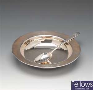 Cased silver chrsitening bowl and spoon.